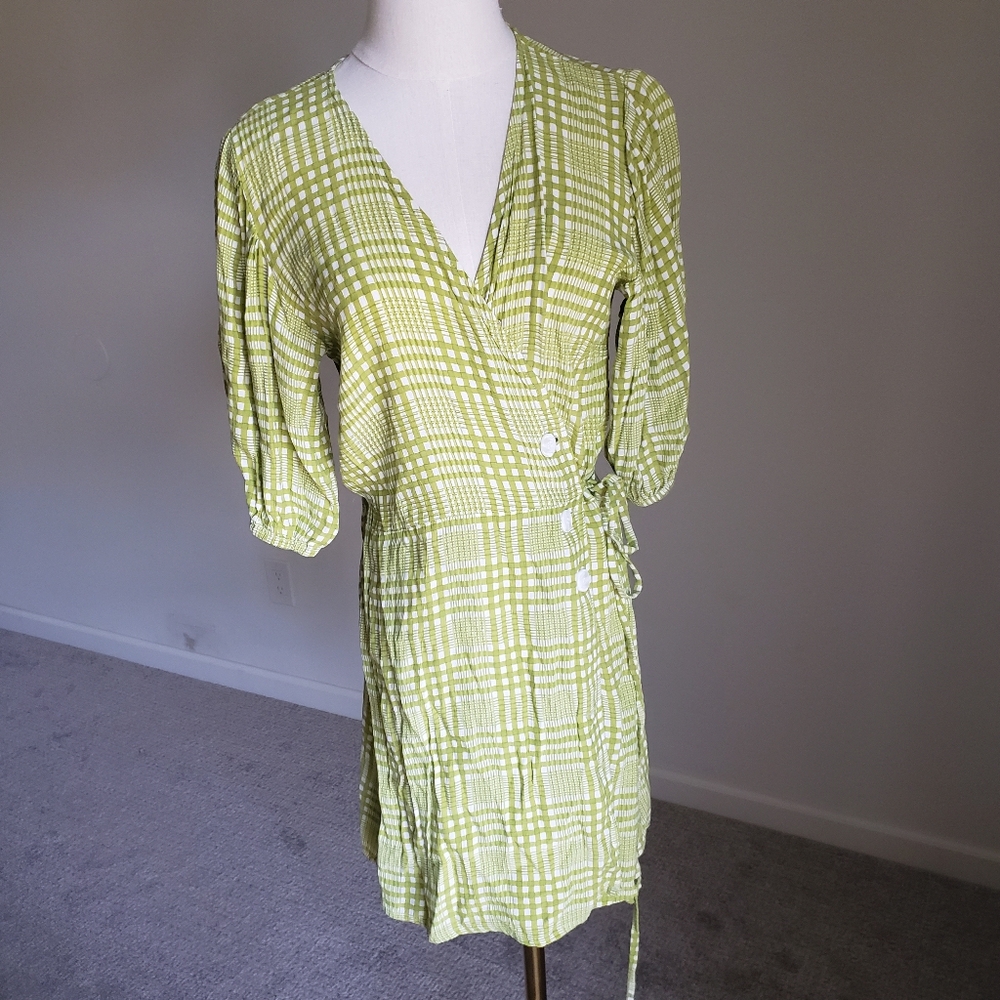 Faithfull‎ the Brand Green Button Front Plaid Wrap Dress Large